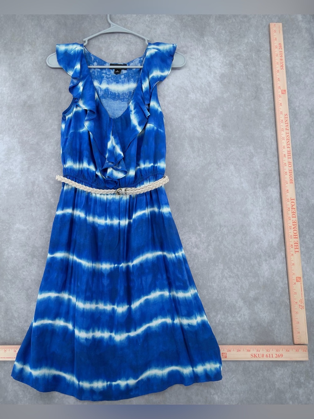AGB Blue & white Tie-Dye Ruffle Midi Dress with Braided Belt women’s size S